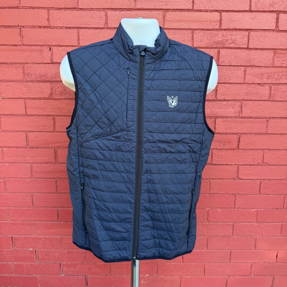 Greyson Quilted Puffer Vest Mens Size Medium Navy‎ Blue Wolf Logo Full Zip Golf